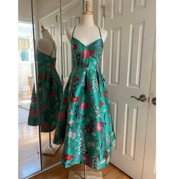Eliza J Green Floral Spaghetti Strap Fit & Flare Dress - Picture 1 of 16